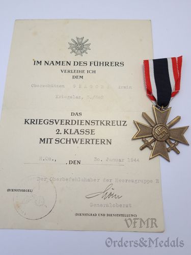 Kriegsverdienstkreuz 1939 2. Klasse mit Schwertern mit Urkunde