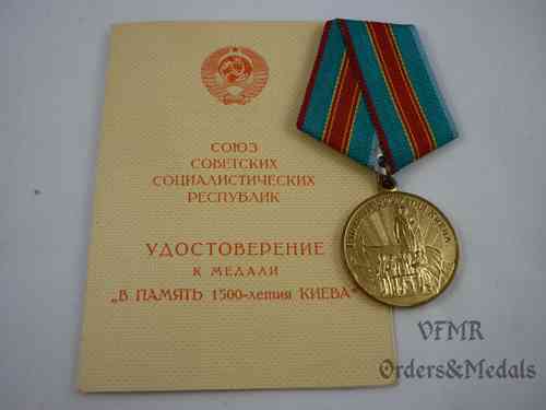Medaille zum 1500. Geburtstag Kievs mit Urkunde