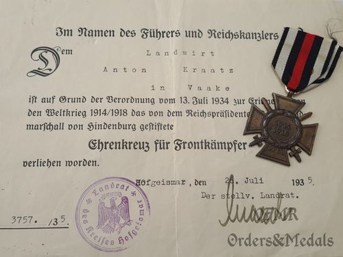 Honor cross for combatants with award document